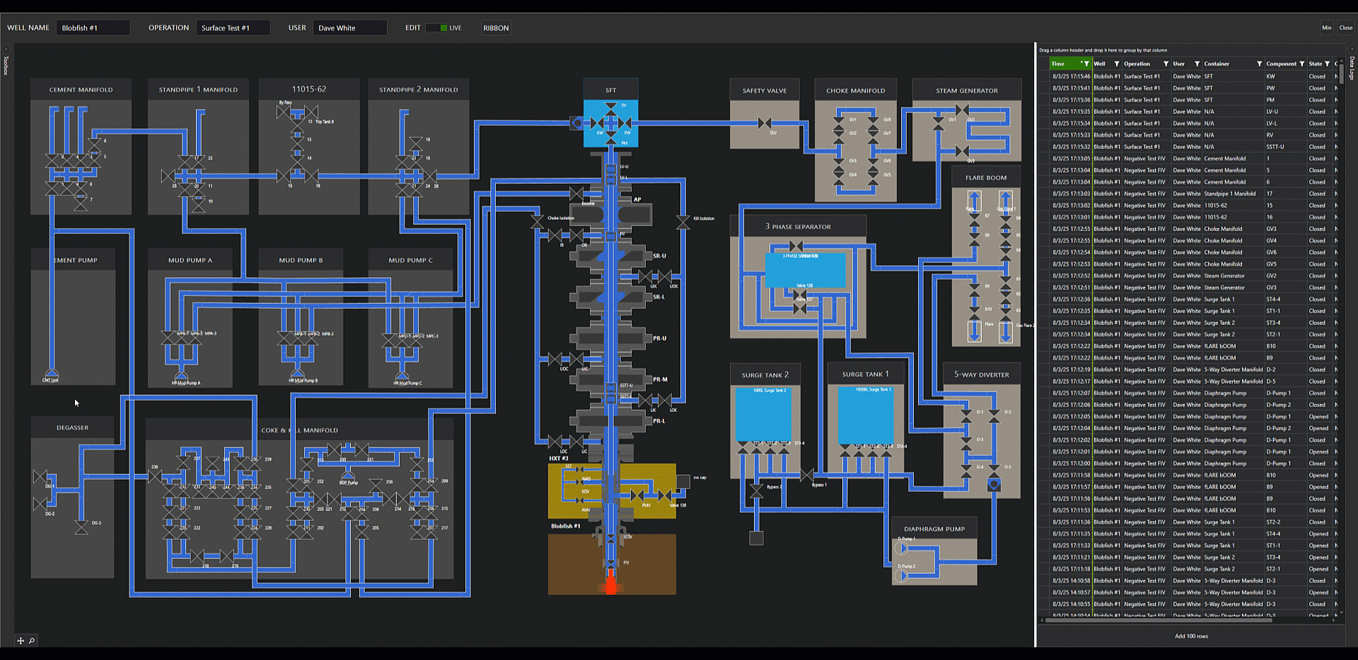 Pressure paths recalculating live on a surface test schematic